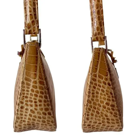 Longchamp Roseau Croc Embossed Shoulder Bag Vintage Leather Y2K Bamboo Toggle